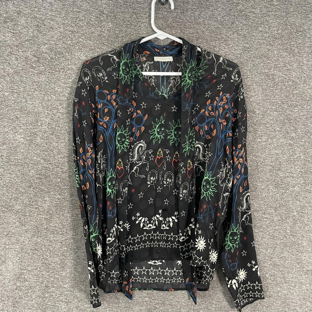 Sandro Kimono Blouse Womens Medium Black Sheer Celestial Print Long Sleeve